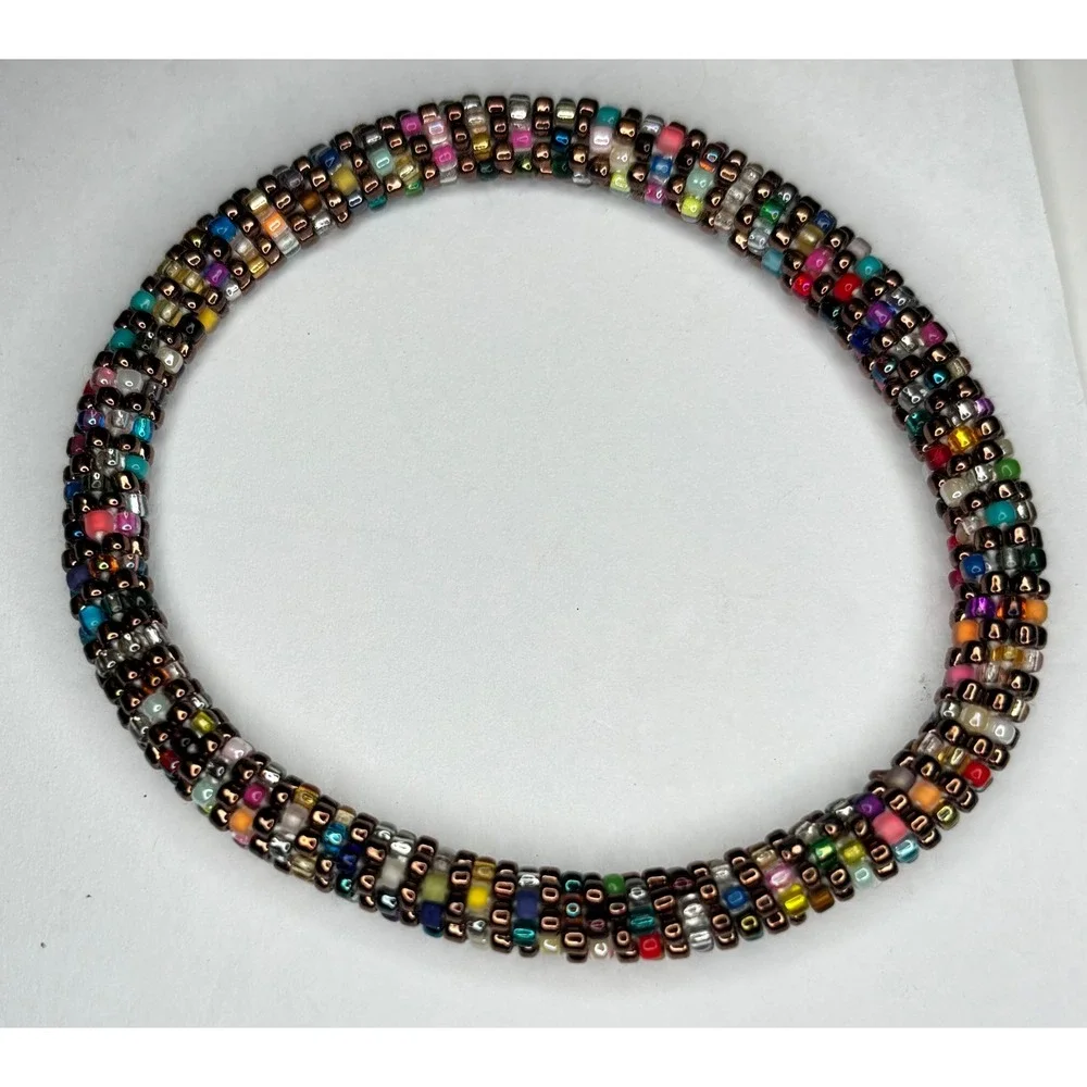 Set of 2 Handmade Glass Seed Bead Roll-On Crochet Bracelets Boho Geometric 7in